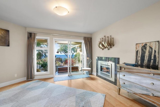 bedroom with access to exterior, hardwood / wood-style floors, and a fireplace