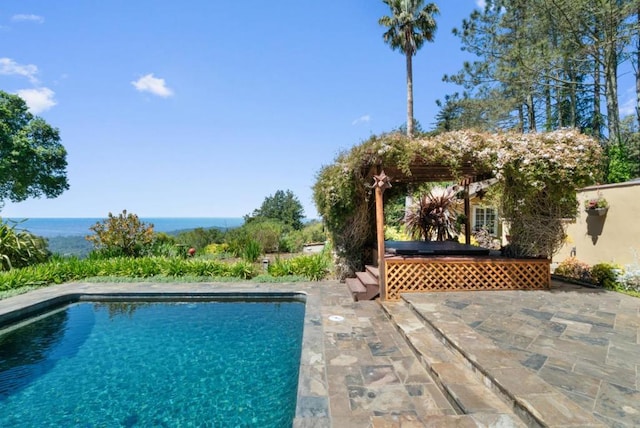 view of swimming pool featuring a water view and a patio