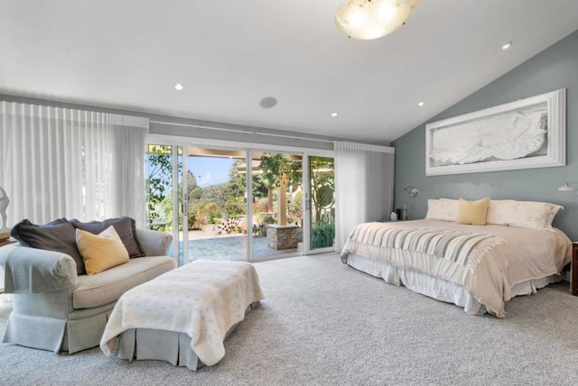 bedroom with access to exterior, carpet floors, and vaulted ceiling