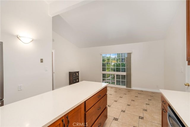 kitchen featuring stainless steel dishwasher and high vaulted ceiling