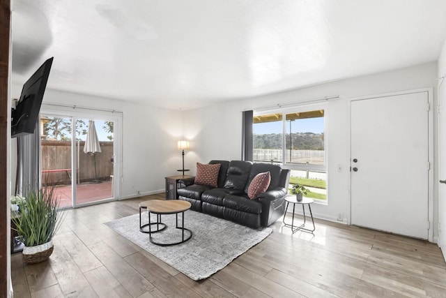 living room with light wood finished floors and baseboards