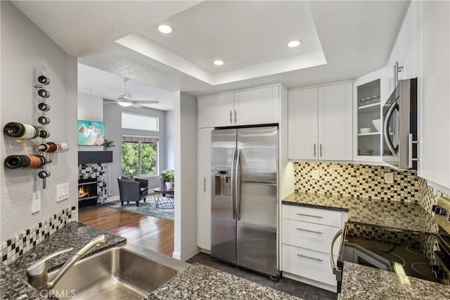 kitchen featuring a tray ceiling, white cabinetry, stainless steel appliances, and dark hardwood / wood-style floors