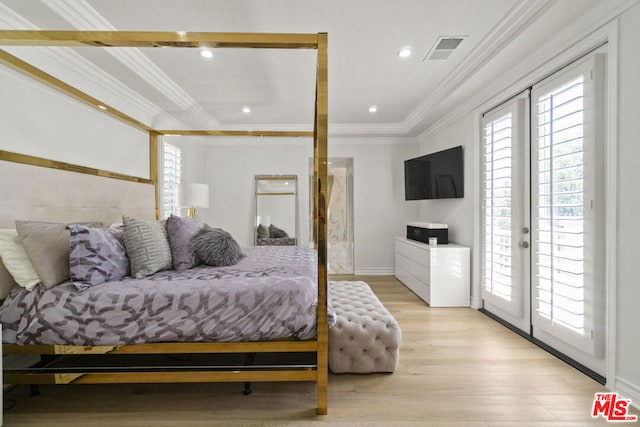 bedroom with french doors, light wood-type flooring, access to outside, and ornamental molding