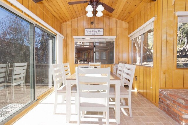 dining space featuring wooden ceiling, ceiling fan, lofted ceiling, and wood walls