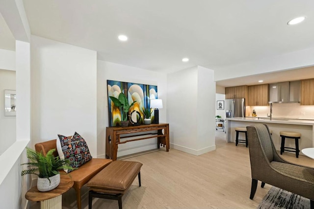 interior space featuring light wood-type flooring and sink