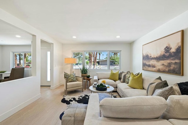 living room with light hardwood / wood-style floors and a healthy amount of sunlight