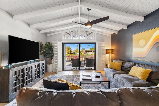 tiled living room with wood ceiling, ceiling fan, and lofted ceiling with beams