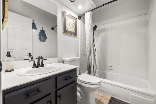 full bathroom with toilet, vanity, tile patterned floors, and shower / bath combo with shower curtain