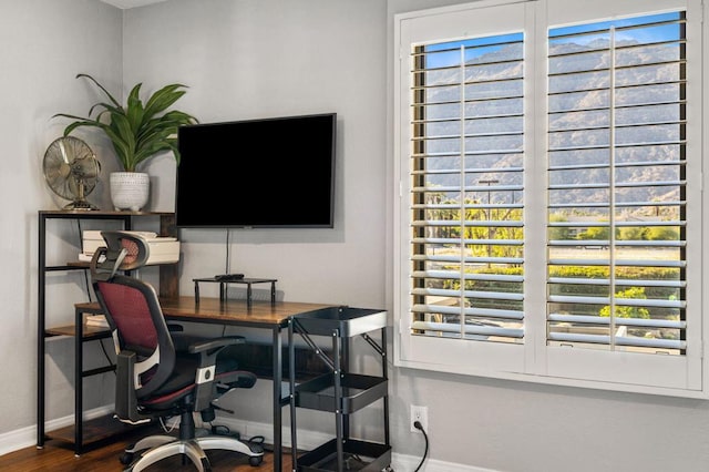 home office with hardwood / wood-style floors