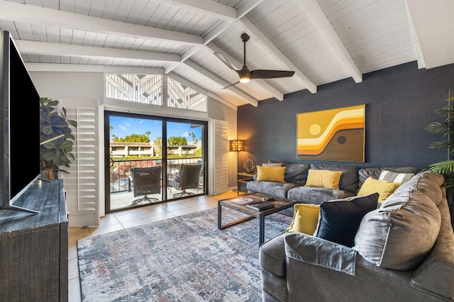 living room featuring vaulted ceiling with beams, ceiling fan, light tile patterned floors, and wooden ceiling