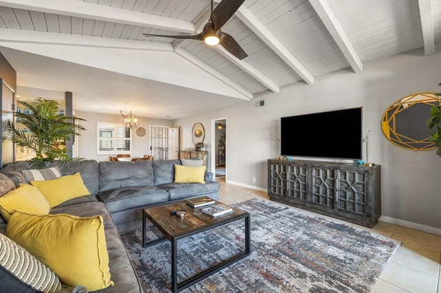 living room with tile patterned floors, lofted ceiling with beams, wooden ceiling, and ceiling fan with notable chandelier