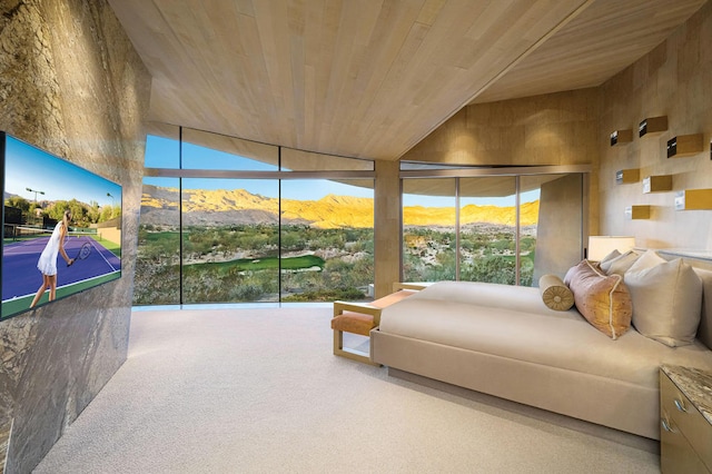 carpeted bedroom with multiple windows, a mountain view, and wooden ceiling