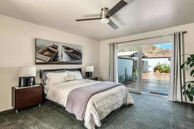 carpeted bedroom with access to outside and ceiling fan