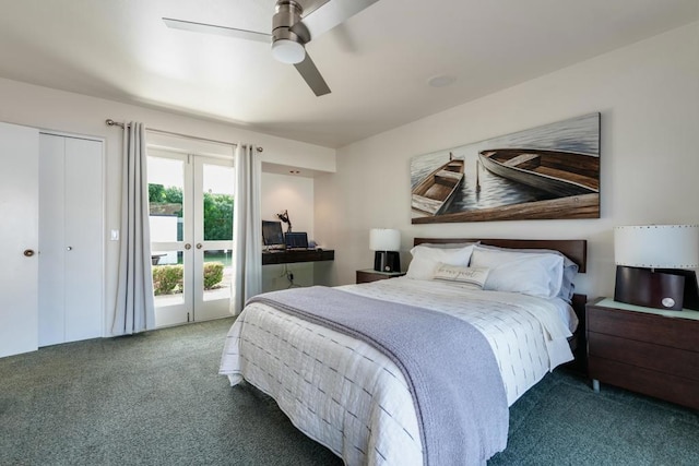 carpeted bedroom with access to outside, a closet, ceiling fan, and french doors