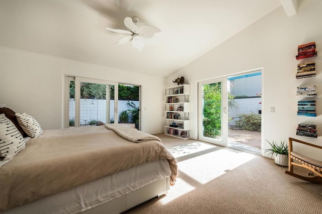 carpeted bedroom with ceiling fan, access to exterior, high vaulted ceiling, and multiple windows