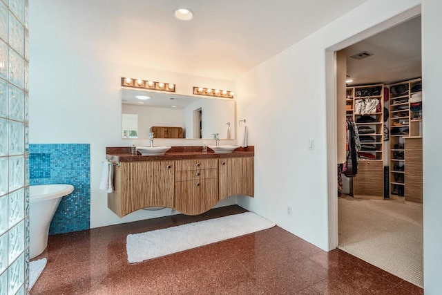 bathroom featuring vanity, plenty of natural light, tile walls, and a bathing tub