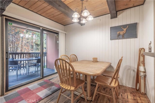 dining room with beamed ceiling, an inviting chandelier, wood-type flooring, and wooden ceiling