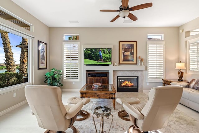 living room featuring ceiling fan