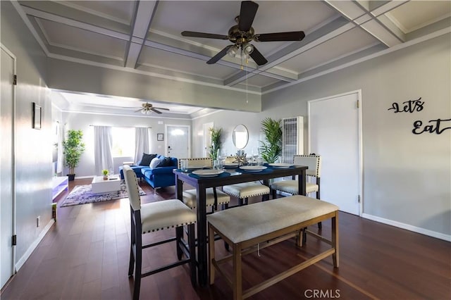 dining space featuring wood-type flooring, ceiling fan, and coffered ceiling