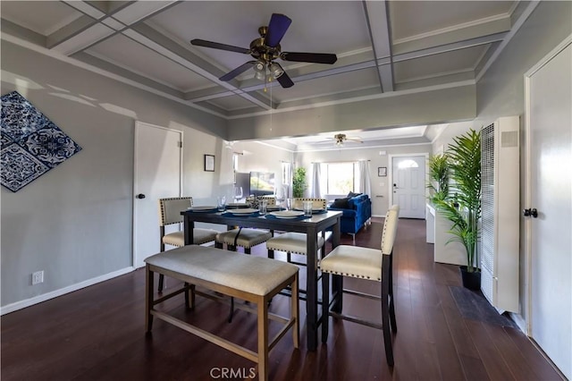 dining space with coffered ceiling, ceiling fan, crown molding, beamed ceiling, and dark hardwood / wood-style floors