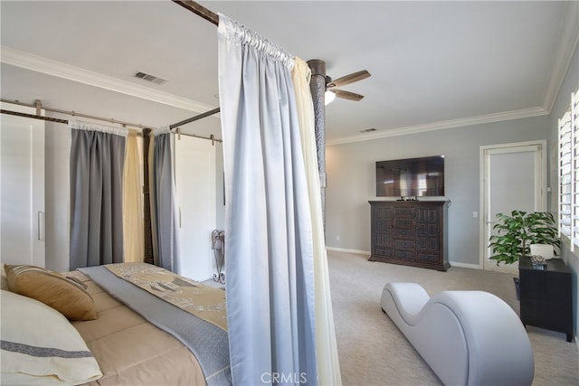 bedroom featuring ceiling fan, light colored carpet, and ornamental molding