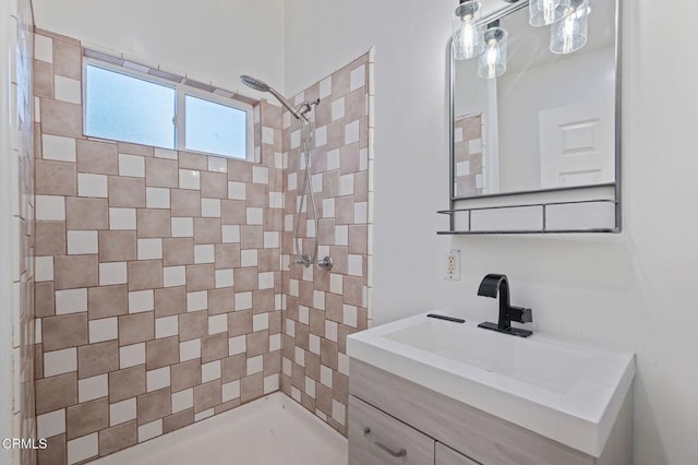 bathroom with tiled shower and vanity