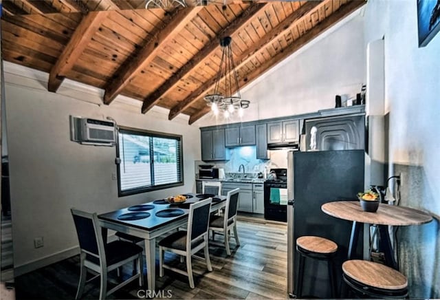 kitchen with gray cabinetry, wooden ceiling, black electric range, beamed ceiling, and dark hardwood / wood-style flooring