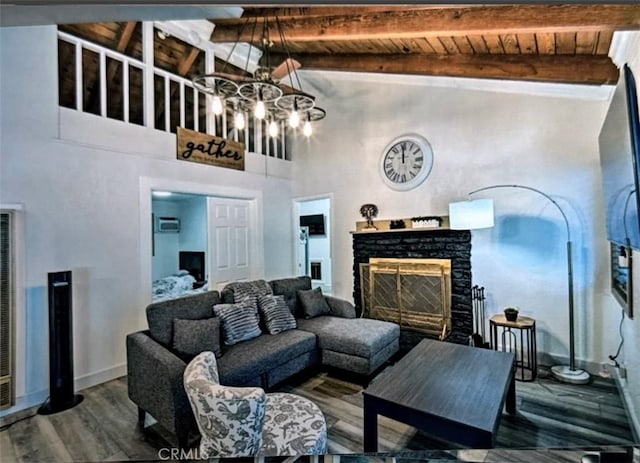 living room with a stone fireplace, beamed ceiling, wood ceiling, and high vaulted ceiling