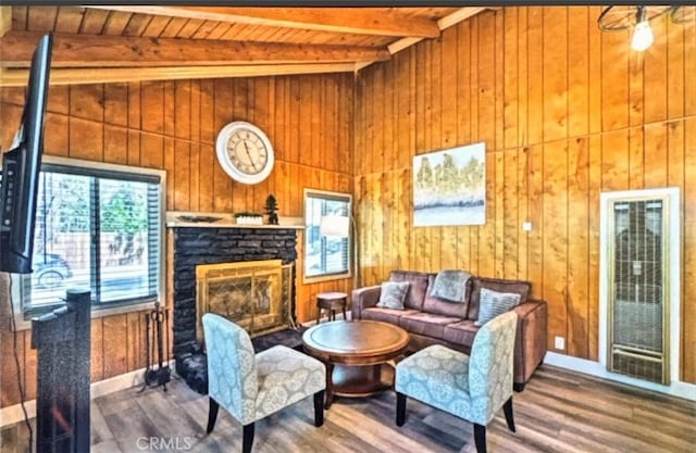 living room featuring wood ceiling, wood-type flooring, and wooden walls