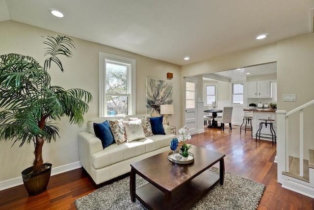 living room with dark wood-type flooring