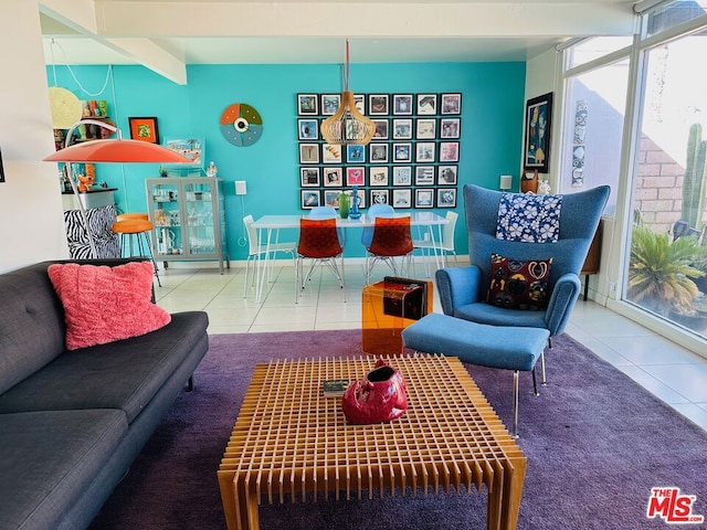 tiled living room with beam ceiling