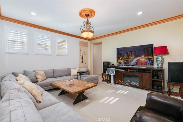 living room featuring carpet flooring and ornamental molding