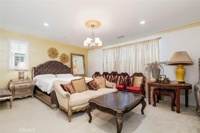 bedroom featuring light carpet, crown molding, and a notable chandelier