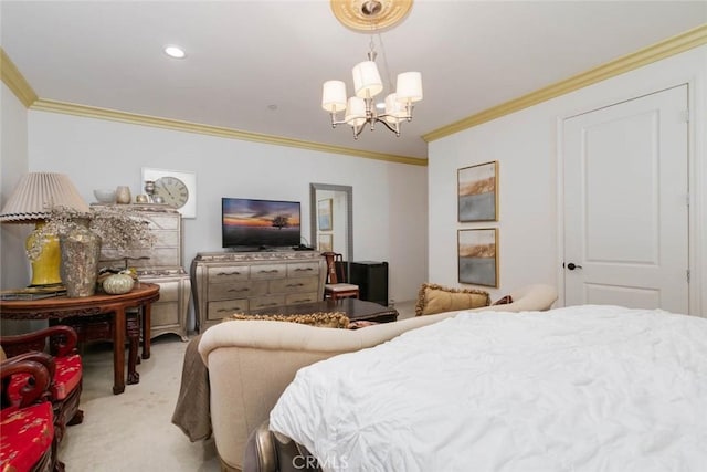 carpeted bedroom featuring crown molding and a notable chandelier