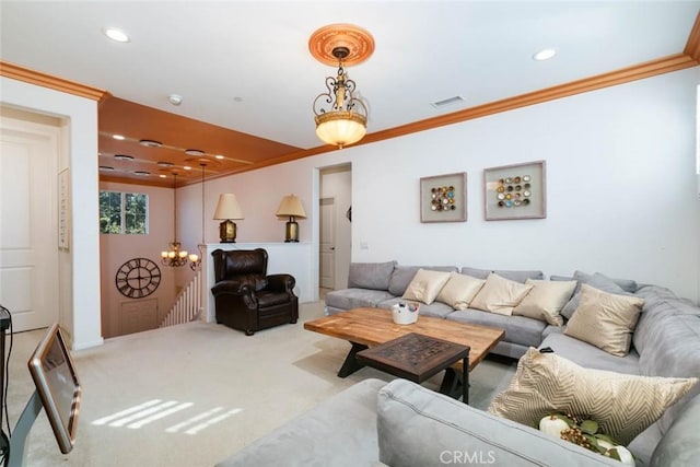 carpeted living room with a notable chandelier and crown molding