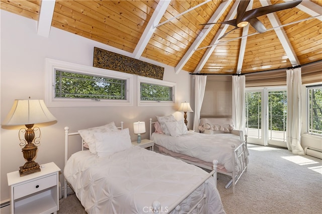 bedroom with access to exterior, wood ceiling, beamed ceiling, and carpet flooring