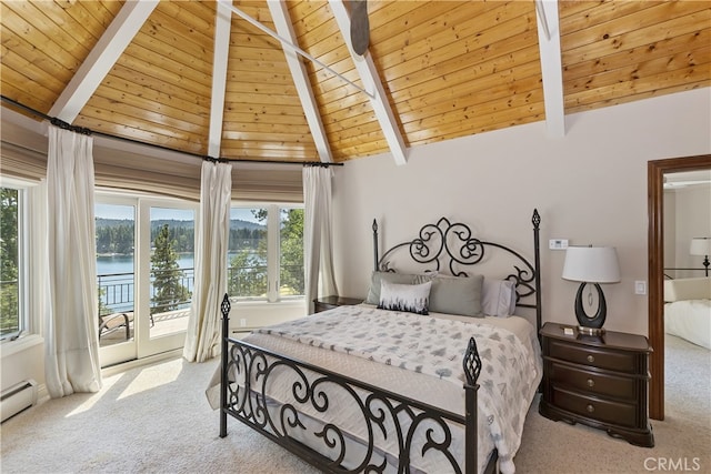 bedroom with a water view, access to outside, beamed ceiling, and wooden ceiling