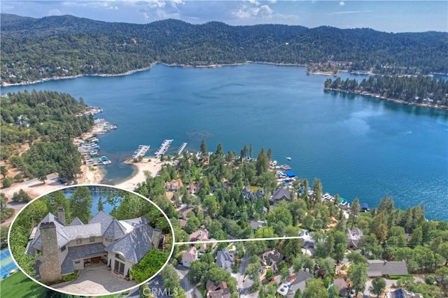 bird's eye view featuring a water and mountain view