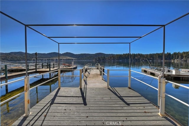 view of dock featuring a water and mountain view