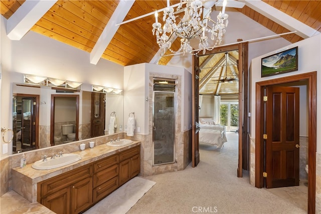 bathroom featuring beamed ceiling, toilet, a notable chandelier, high vaulted ceiling, and wooden ceiling