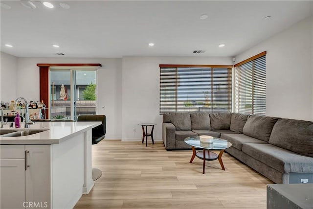 living room featuring light hardwood / wood-style floors and sink