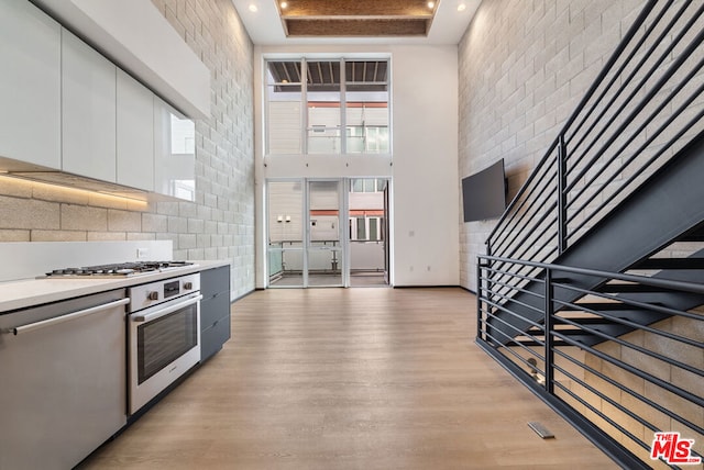 kitchen with a high ceiling, a raised ceiling, light hardwood / wood-style flooring, appliances with stainless steel finishes, and white cabinetry