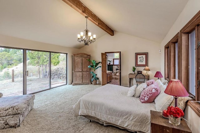 bedroom featuring carpet flooring, lofted ceiling with beams, access to exterior, and an inviting chandelier