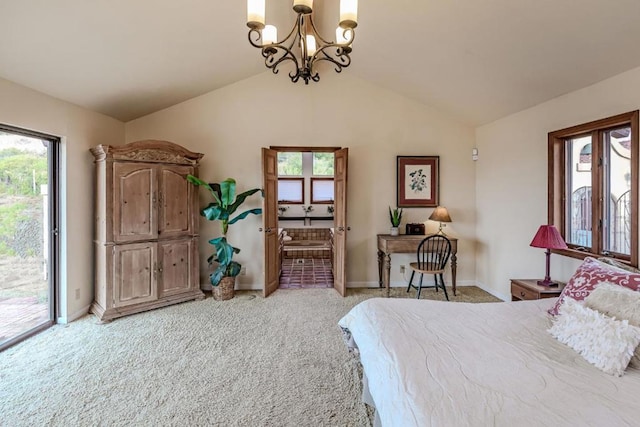 carpeted bedroom with an inviting chandelier, access to exterior, and vaulted ceiling