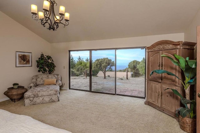 carpeted bedroom featuring access to exterior, lofted ceiling, and a chandelier