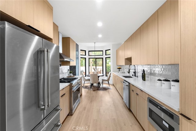 kitchen featuring premium appliances, decorative backsplash, sink, and light hardwood / wood-style flooring