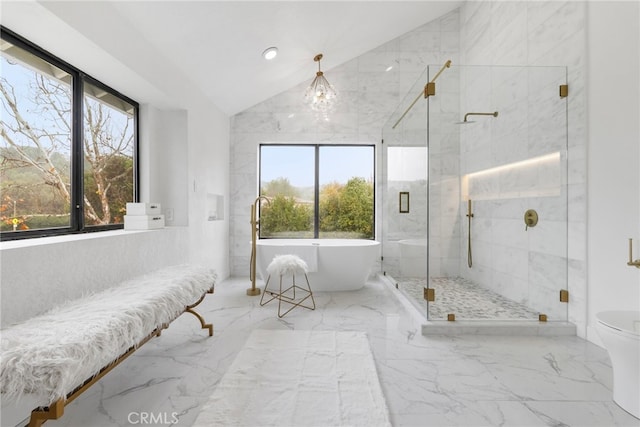 bathroom with plus walk in shower and vaulted ceiling