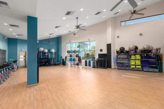 workout area with light hardwood / wood-style floors, a towering ceiling, and a healthy amount of sunlight