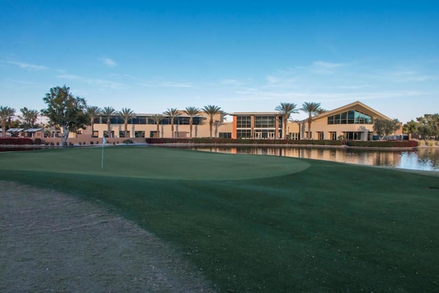 view of community with a water view