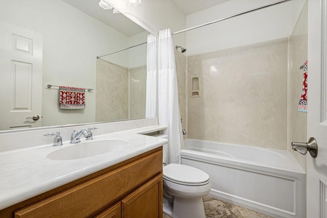 full bathroom with toilet, shower / bath combination with curtain, and vanity